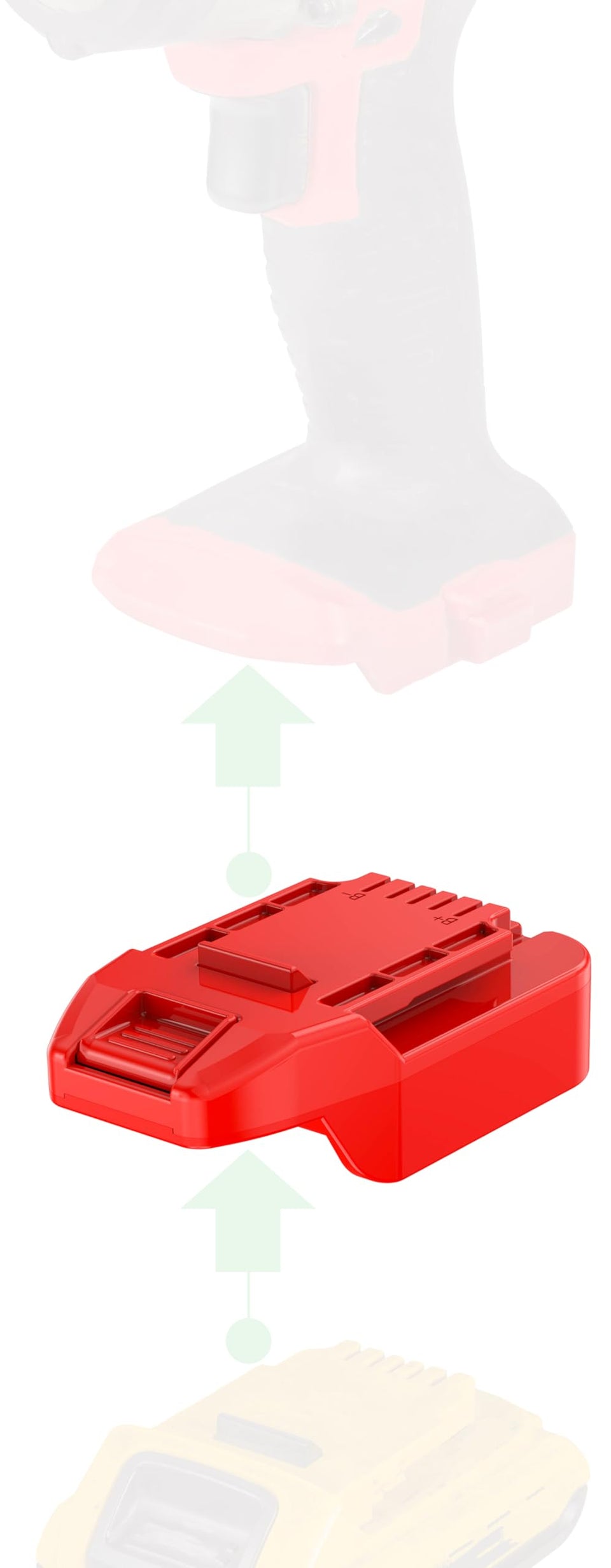NovaQuantic adapter upgrade for Bauer 20V tool shows power interface for reliable use