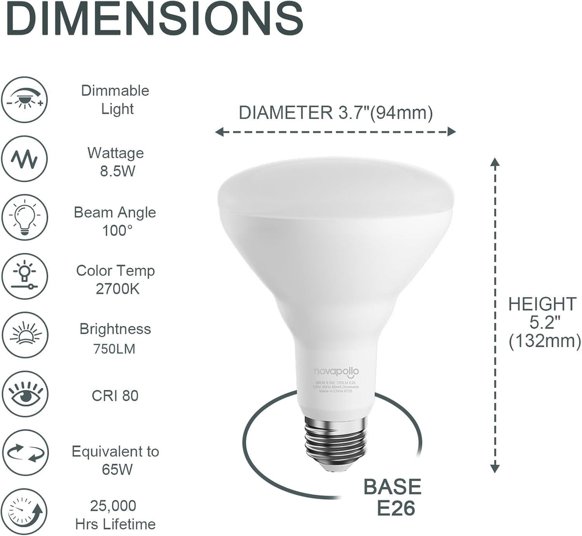 Close-up of 100-degree beam from Novapollo BR30 dimmable LED bulb.