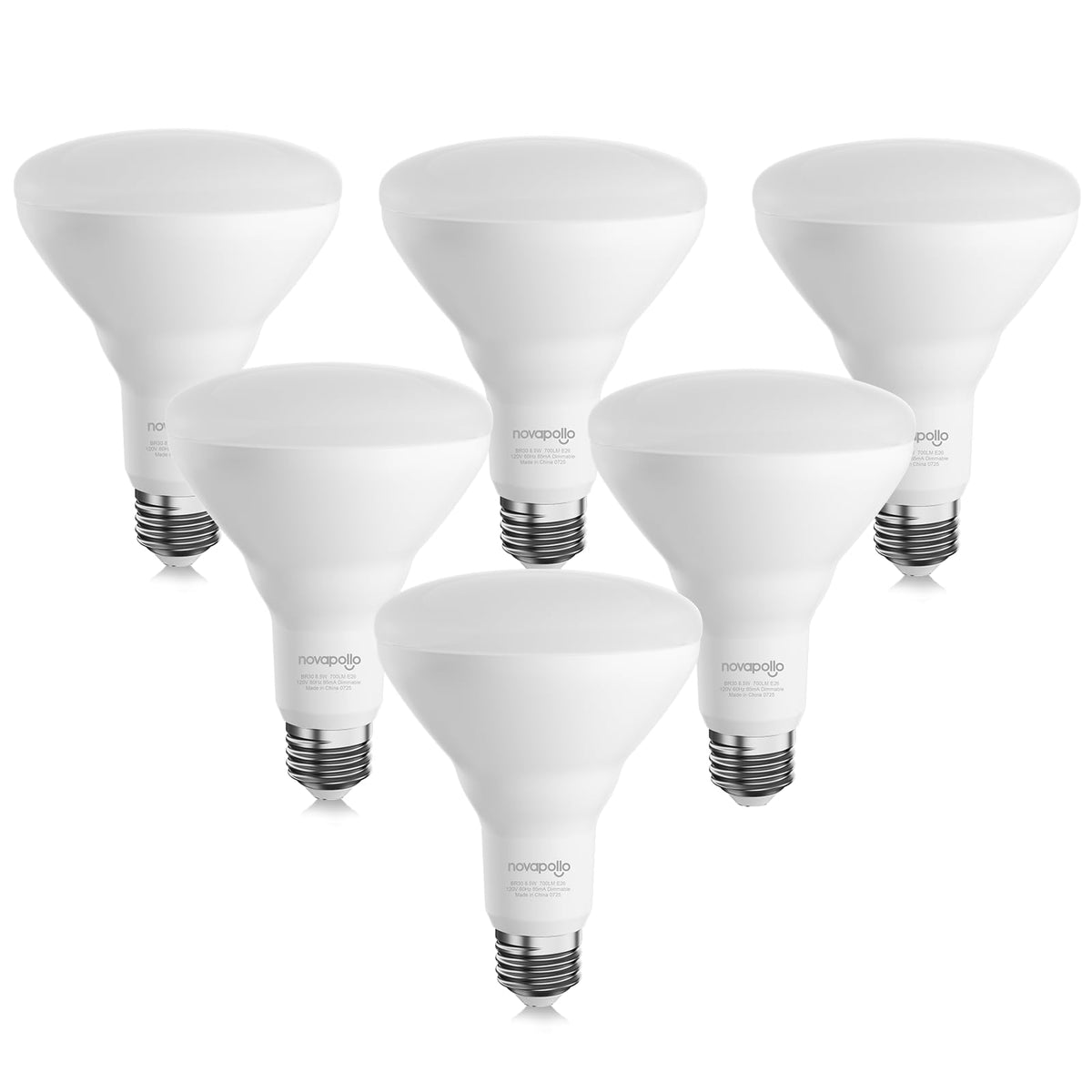 Novapollo BR30 dimmable LED bulb in warm 2700K glow for recessed fixtures.