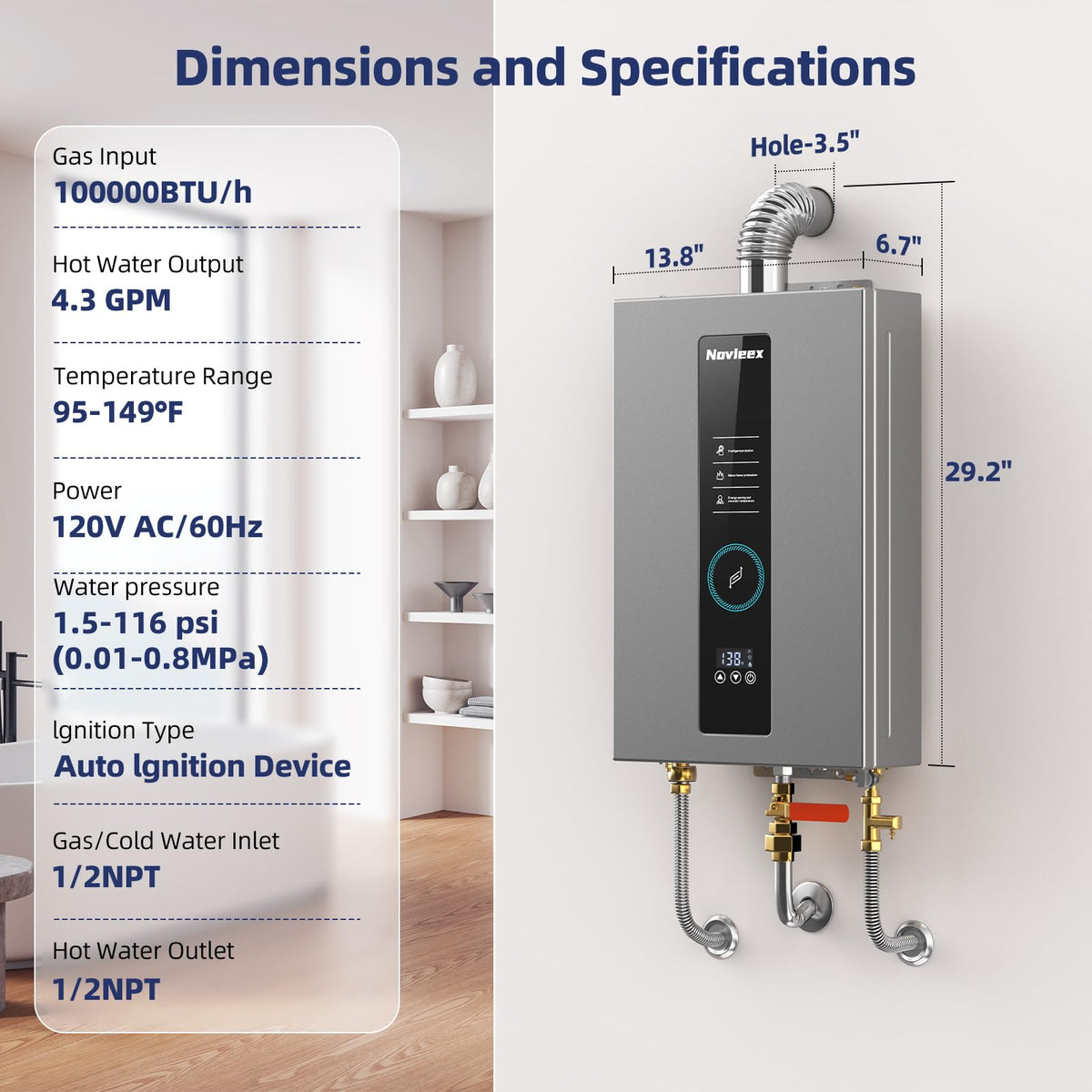 NOVIEEX on-demand water heater installed indoors saves space