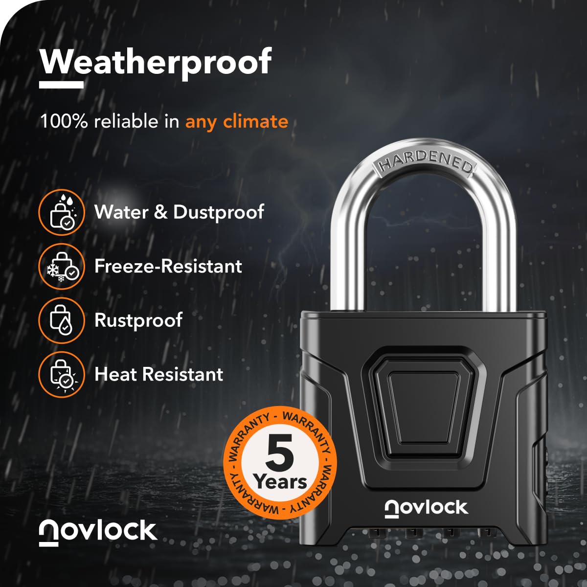 NovLock hardened steel shackle padlock close-up emphasizes high-cut resistance and security.