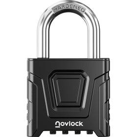 NovLock outdoor combo padlock close-up shows robust construction for weatherproof security.