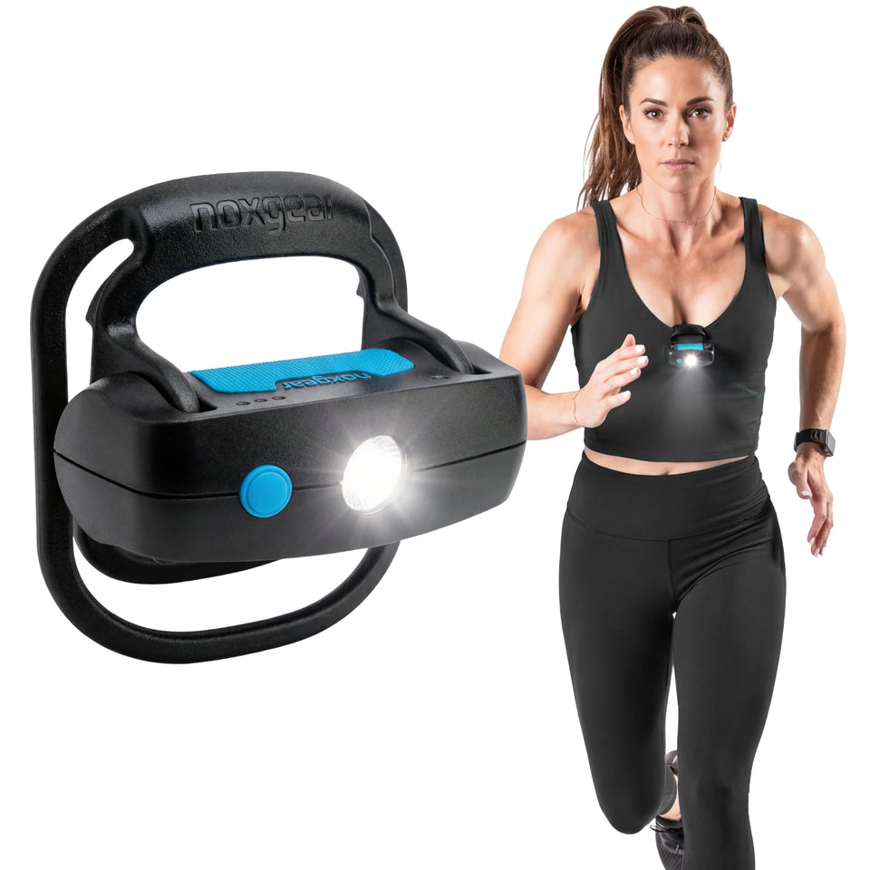 Noxgear Nomad clipped to chest, hands-free light for night runs