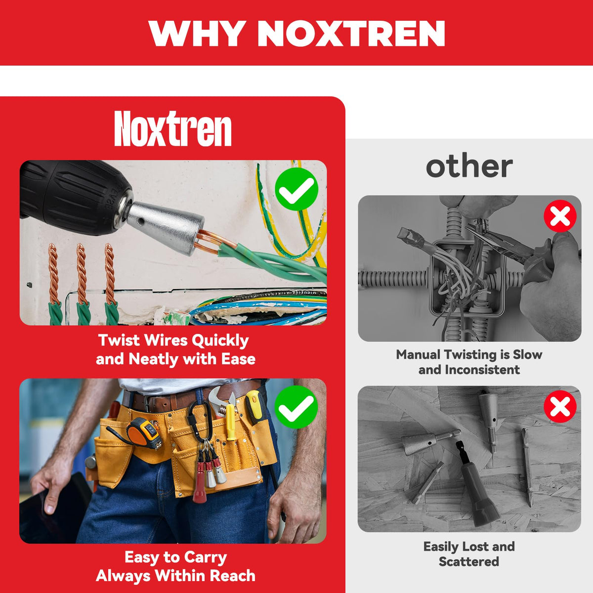 Noxtren red-wire-nut-twister speeds nut twists with steady control.