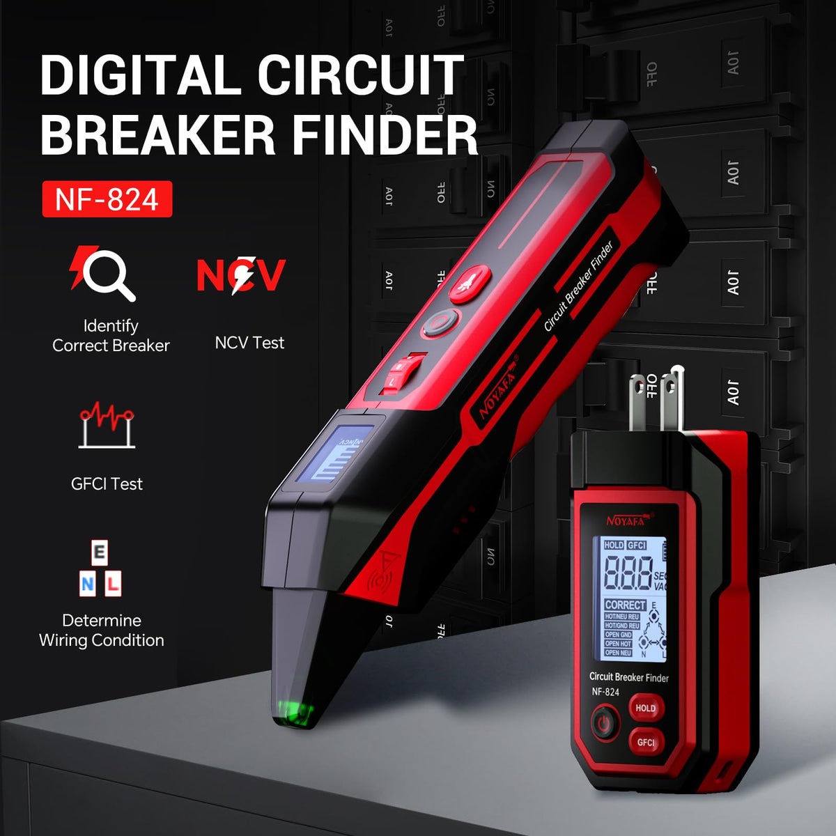 NOYAFA NF-824 NCV detection safely locates live circuits.