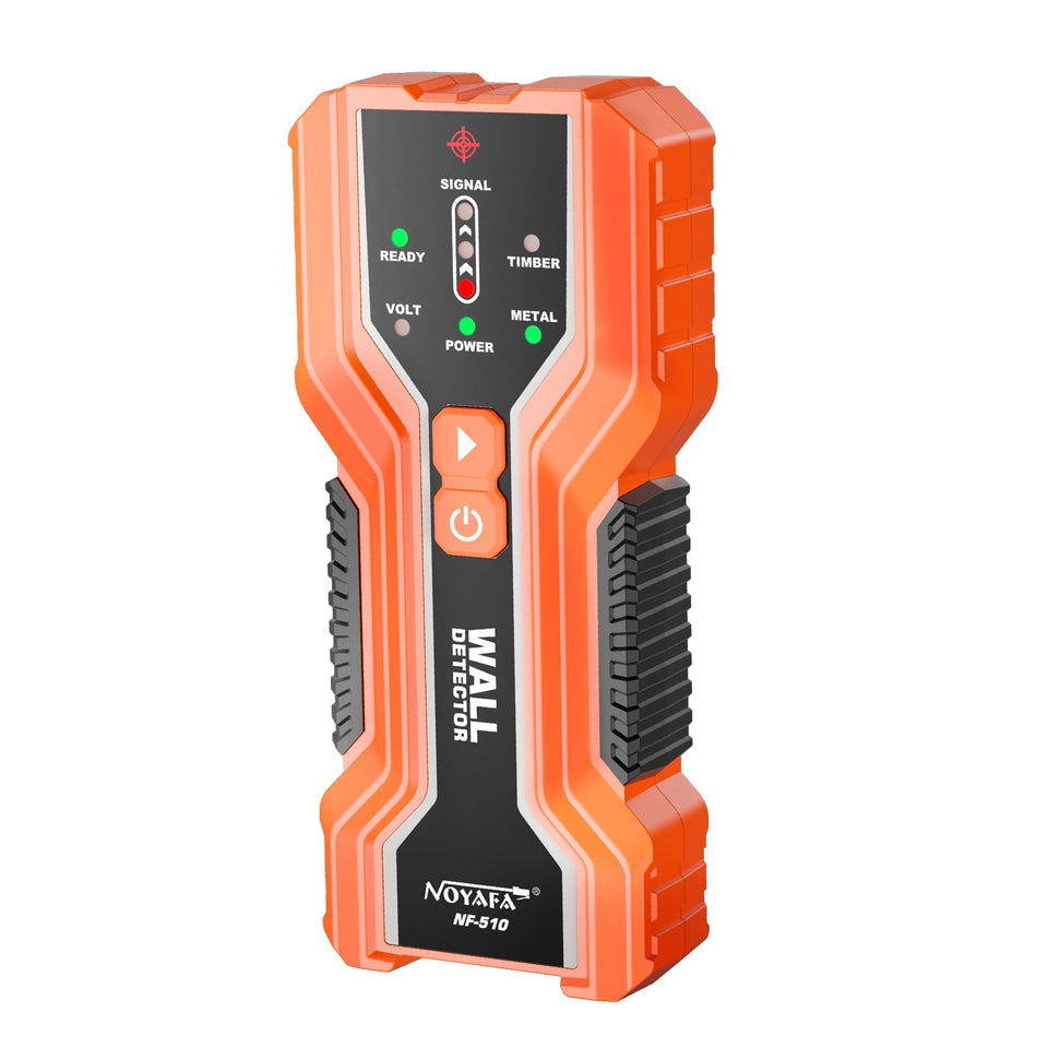 NOYAFA 3-in-1 stud finder wall scanner identifies wood studs and alignment edges for precise mounting.