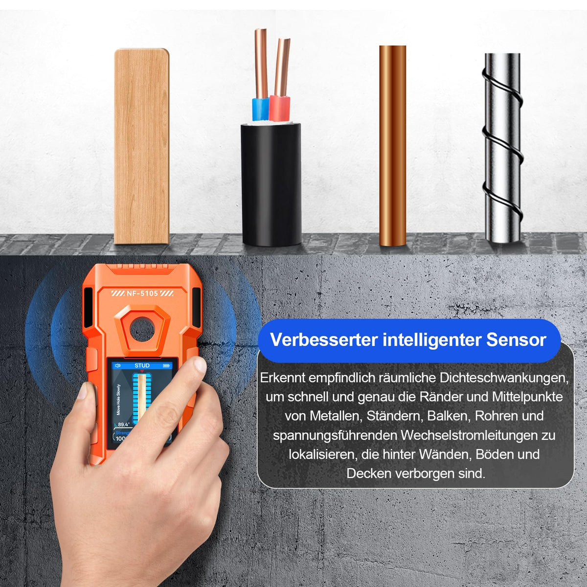 NOYAFA wall scanner emits audible alarm when targets are detected, improving safety.