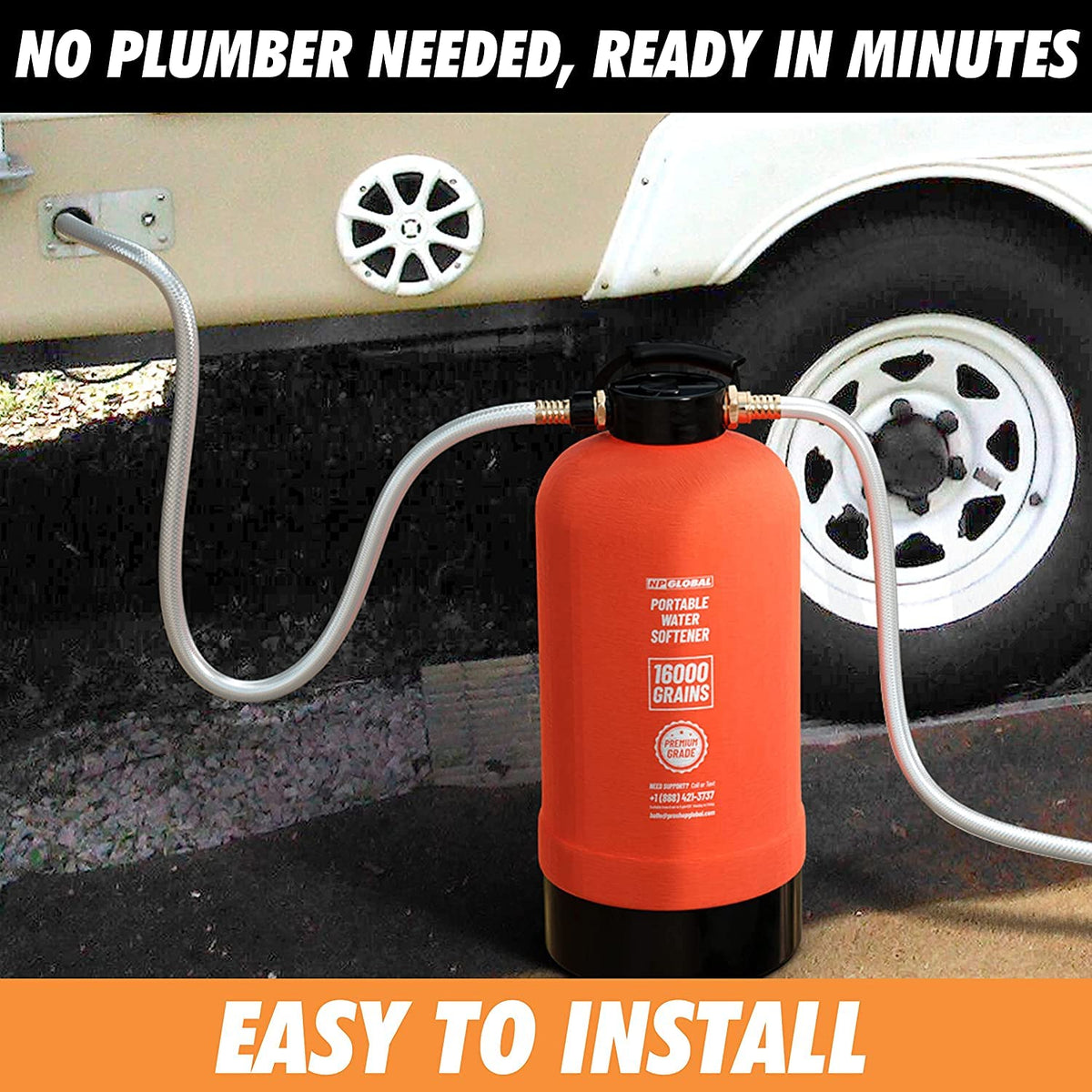 NPGLOBAL RV water softener multi-use supports RVs, boats, and mobile car washing.