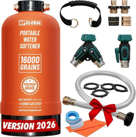 NPGLOBAL RV water softener setup shows quick, plug‑and‑play installation for softer water on the go.