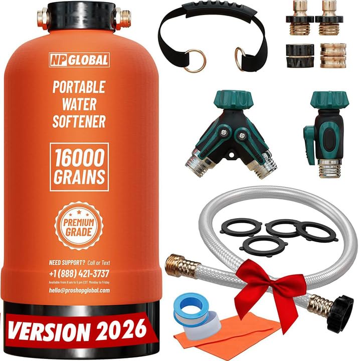 NPGLOBAL RV water softener setup shows quick, plug‑and‑play installation for softer water on the go.