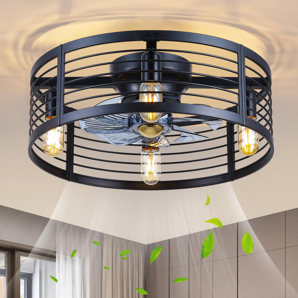 NSXQMUV caged ceiling fan with light front view showing enclosure and airflow