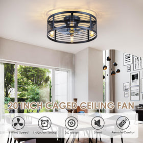 NSXQMUV caged ceiling fan light side view highlighting slim profile