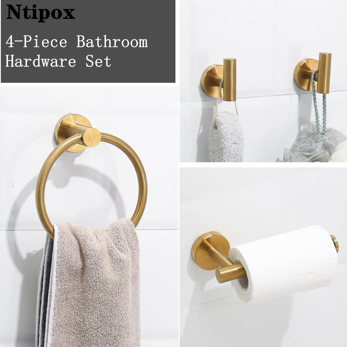 Ntipox brushed gold toilet paper holder offers durable support.