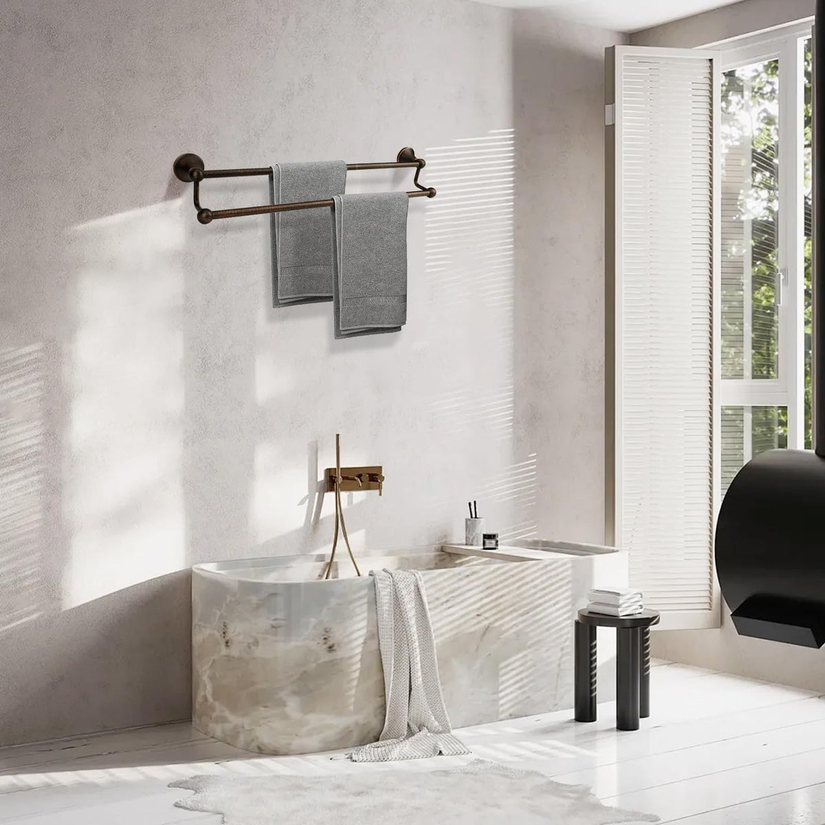 Compact design helps optimize small bathrooms with multiple towels
