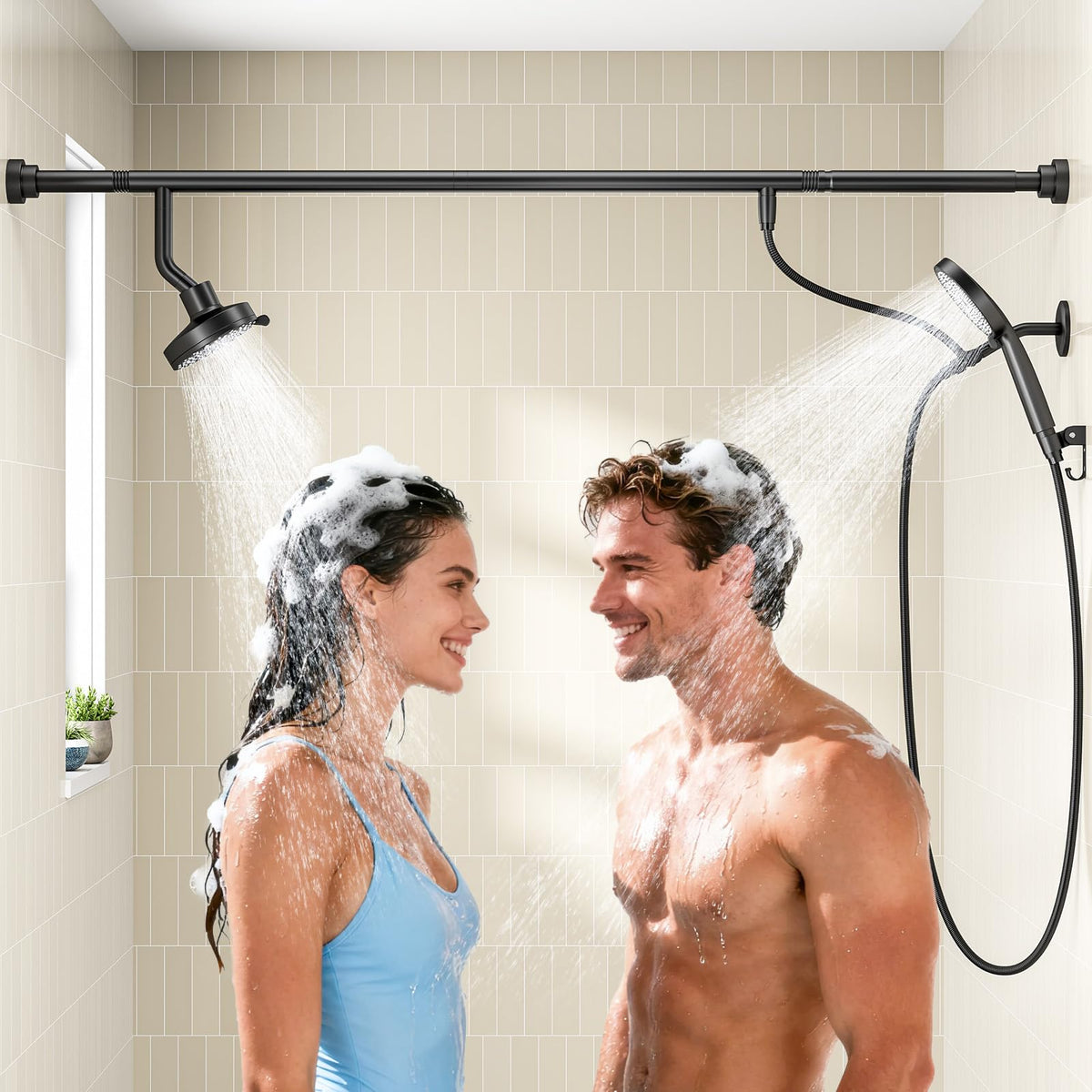 NTPN dual shower head with handheld in rain mode for two, spa-like shower experience.