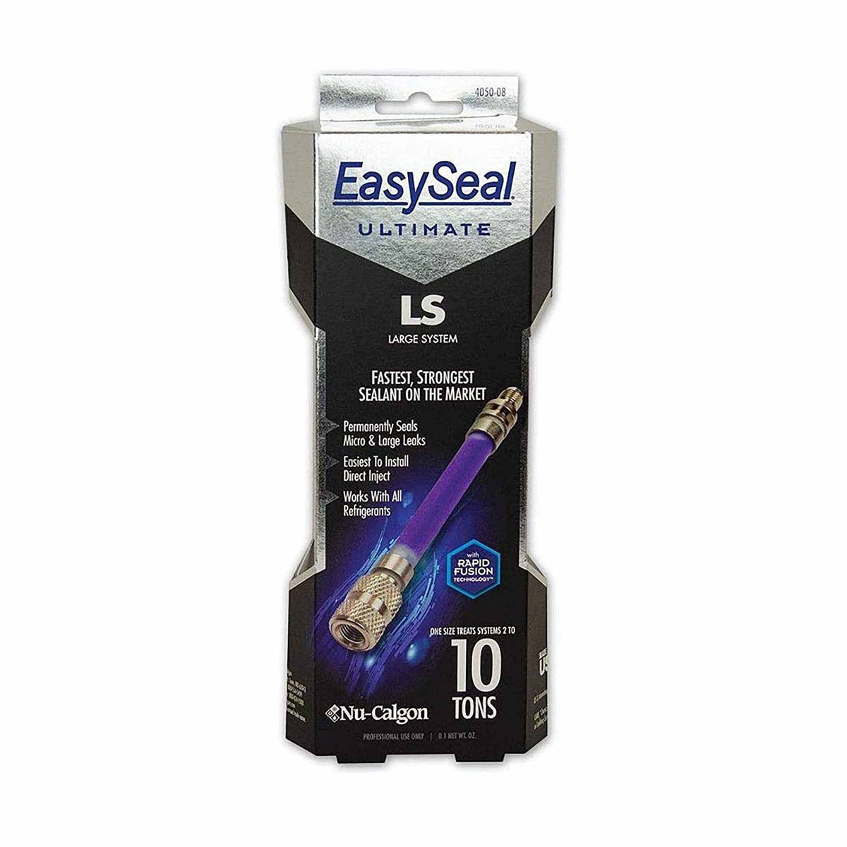 Nu-Calgon EasySeal Direct Inject bottle with clear tube showing easy sealant injection for HVAC systems