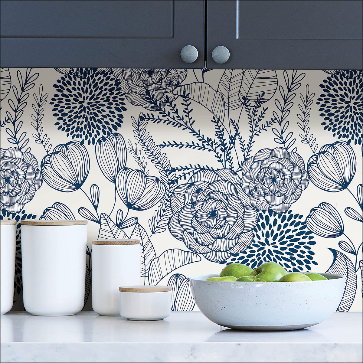 NuWallpaper Navy Secret Garden closeup flowers; rich navy florals add serene detail.