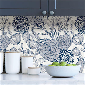NuWallpaper Navy Secret Garden closeup flowers; rich navy florals add serene detail.