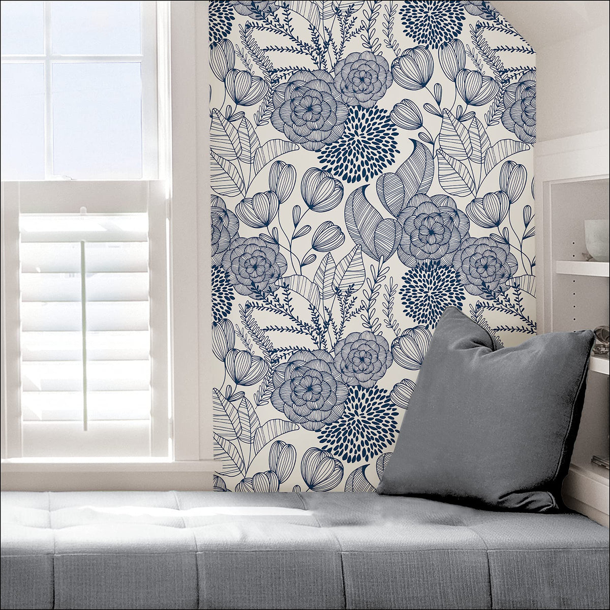NuWallpaper Navy Secret Garden peel and stick; repositionable during installation.