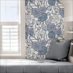 NuWallpaper Navy Secret Garden peel and stick; repositionable during installation.