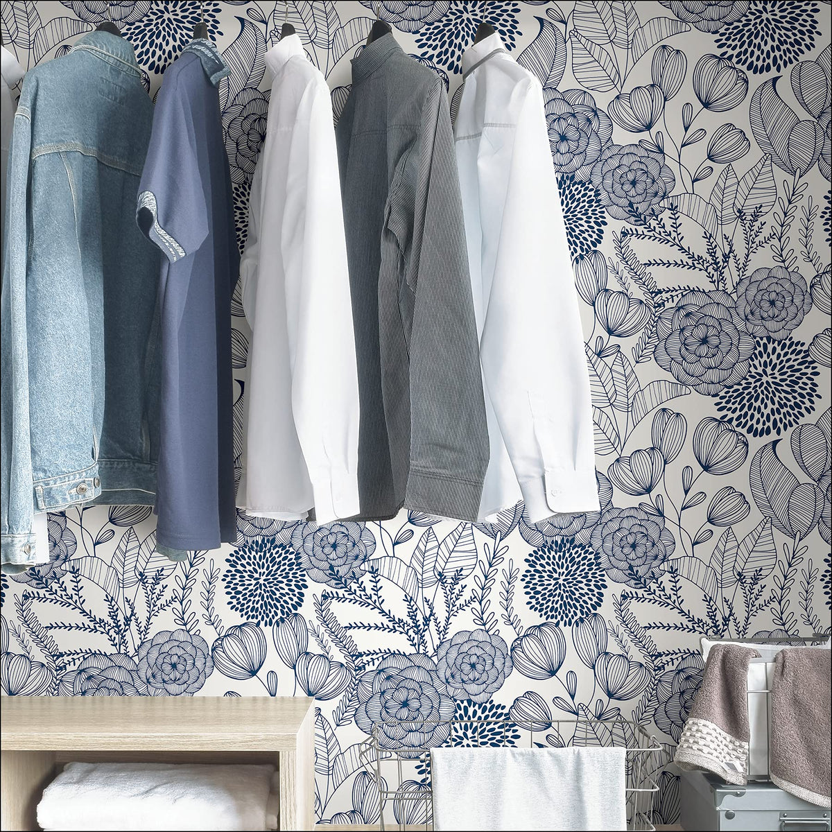 NuWallpaper Navy Secret Garden rental-friendly option for apartments and rentals.