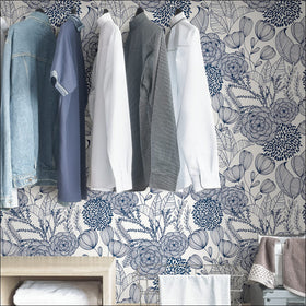 NuWallpaper Navy Secret Garden rental-friendly option for apartments and rentals.