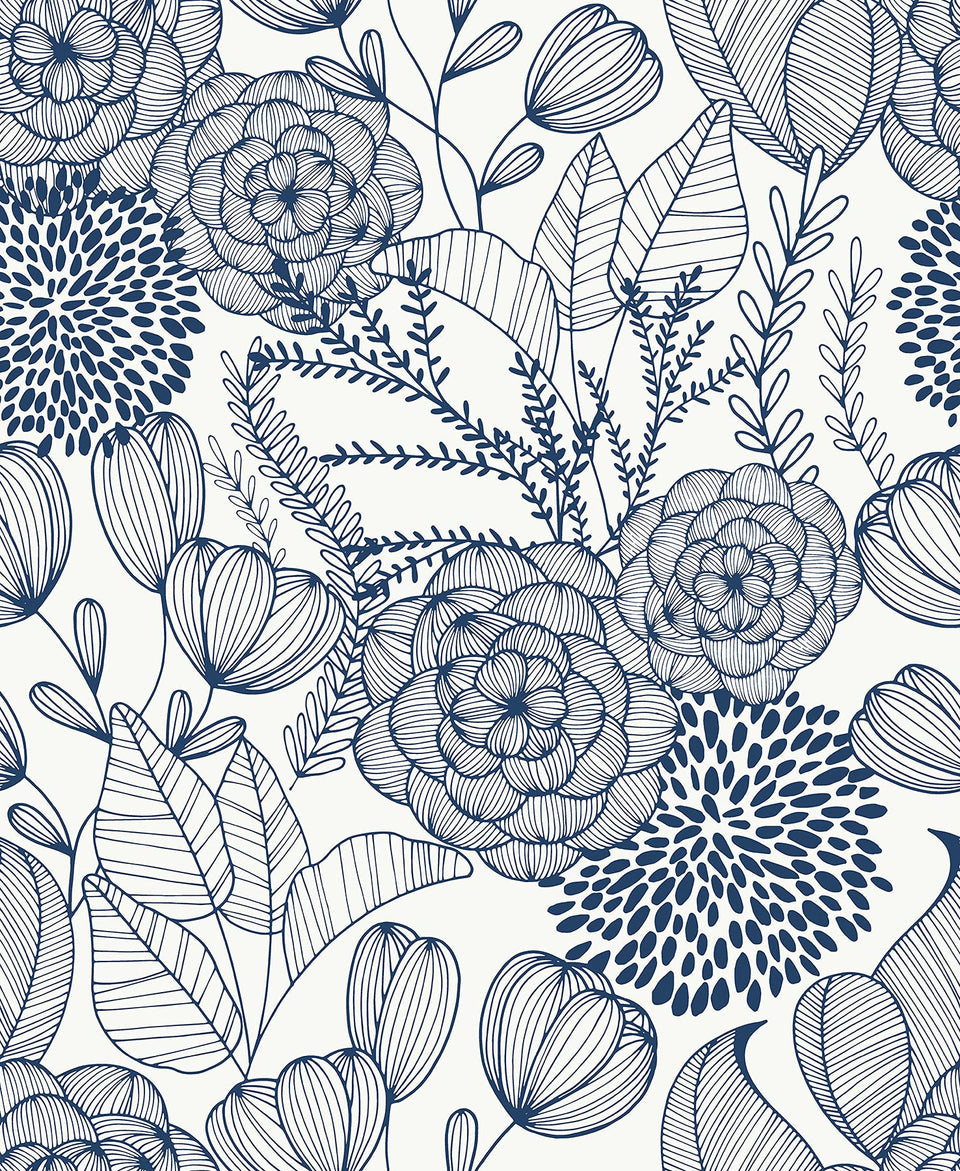NuWallpaper Navy Secret Garden roll; quick peel-and-stick upgrade for any room.