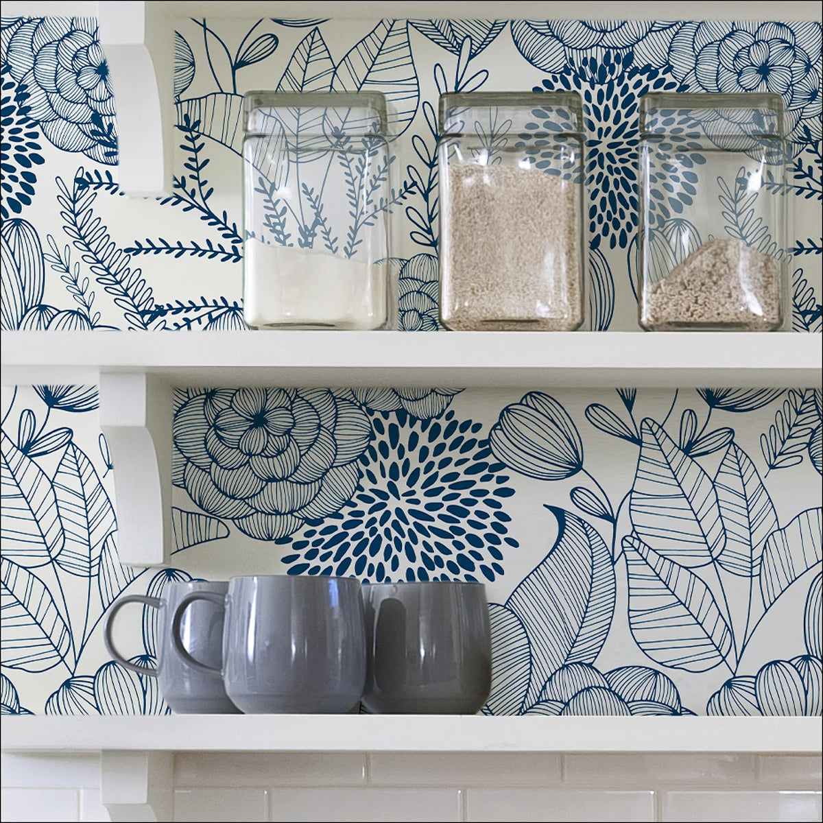 NuWallpaper Navy Secret Garden room idea; creates a serene focal wall.
