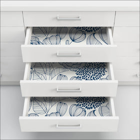 NuWallpaper Navy Secret Garden adheres to smooth surfaces; no sticky residue.