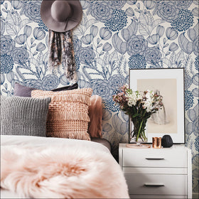 NuWallpaper Navy Secret Garden wall decor; transforms space without long renovations.