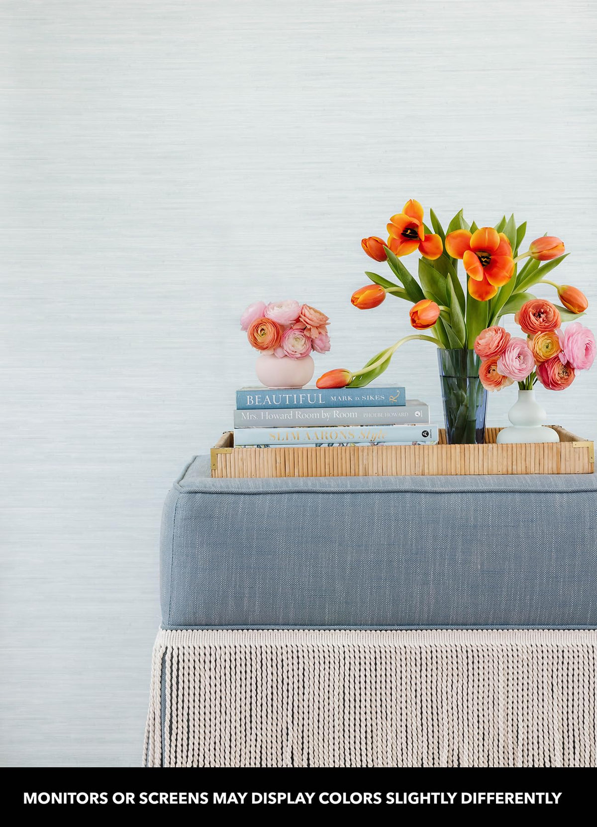 Close-up of Whisper Blue grasscloth texture with raised ink detail