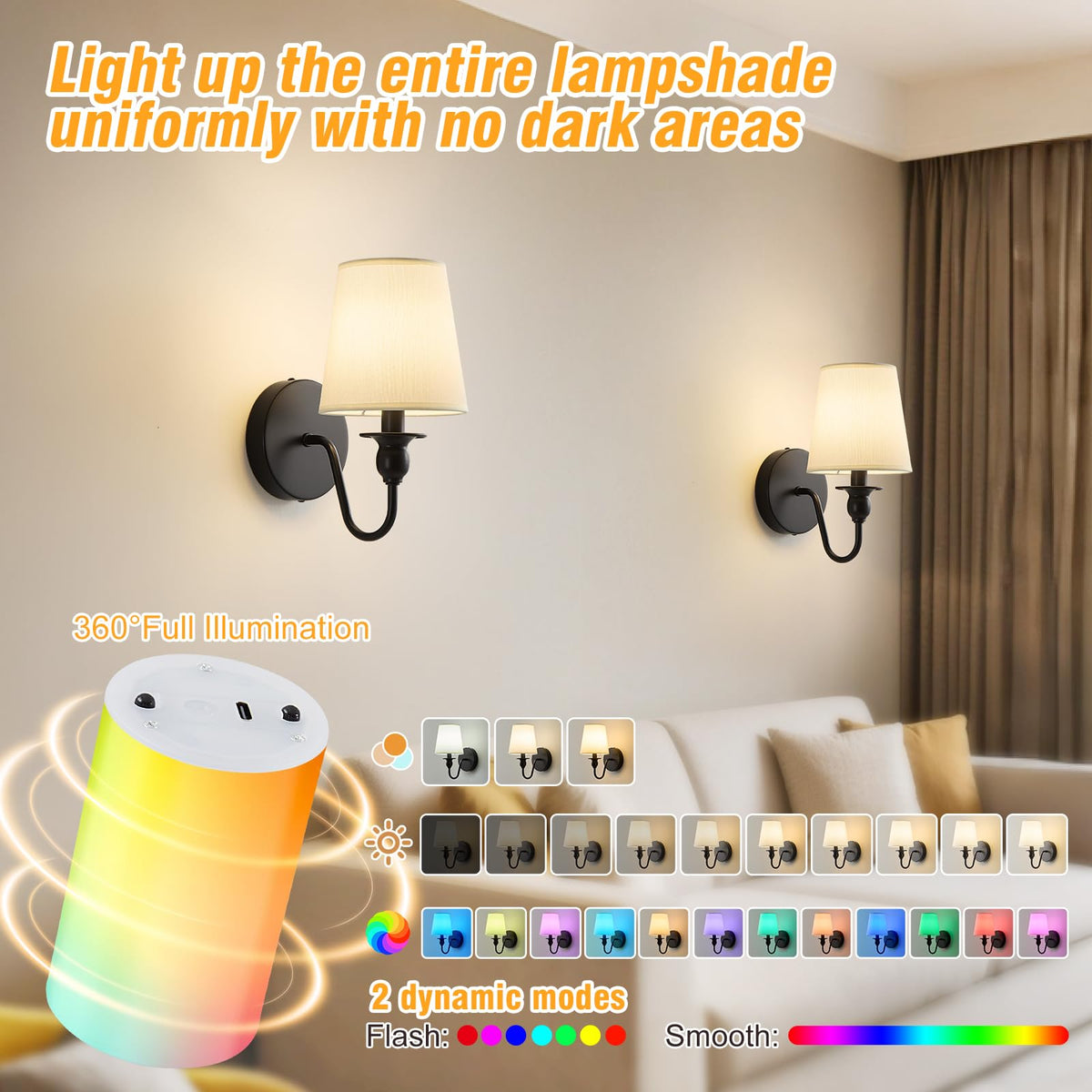 Nuanshued sconce dimming offers 15 color temps and 12 RGB options for ambient lighting.