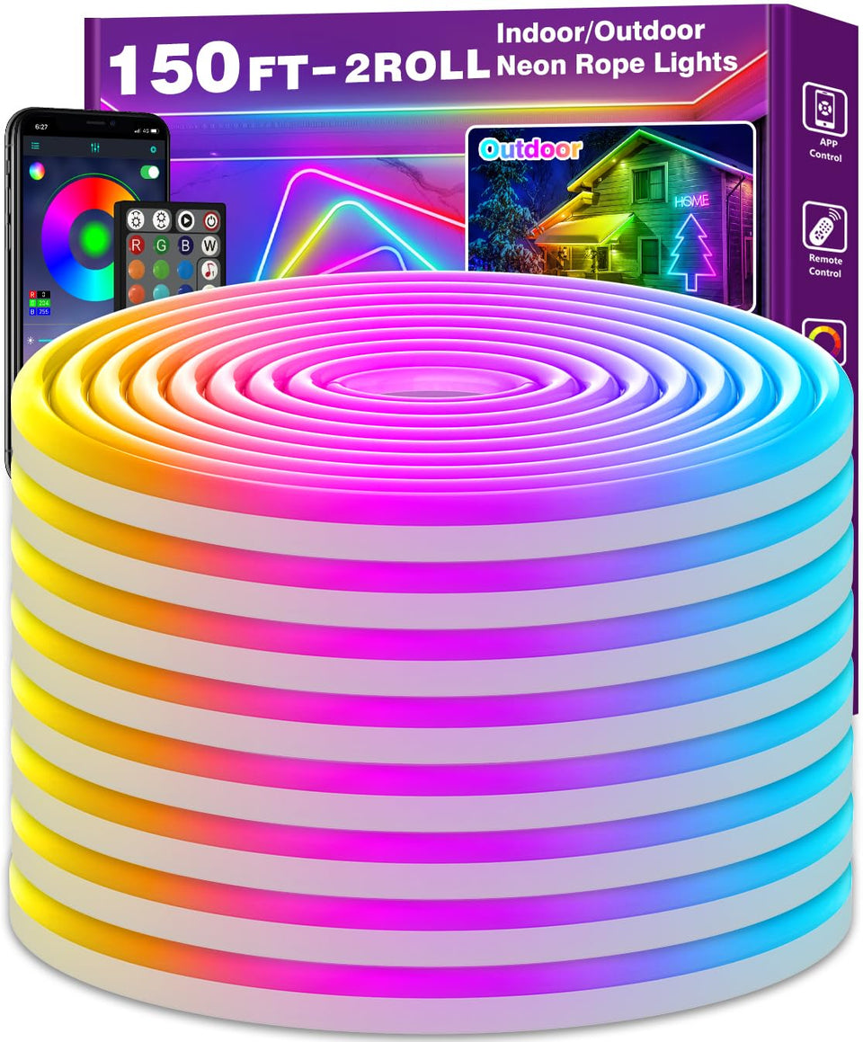 NUERPO 150ft neon rope light for outdoor ambient garden lighting.
