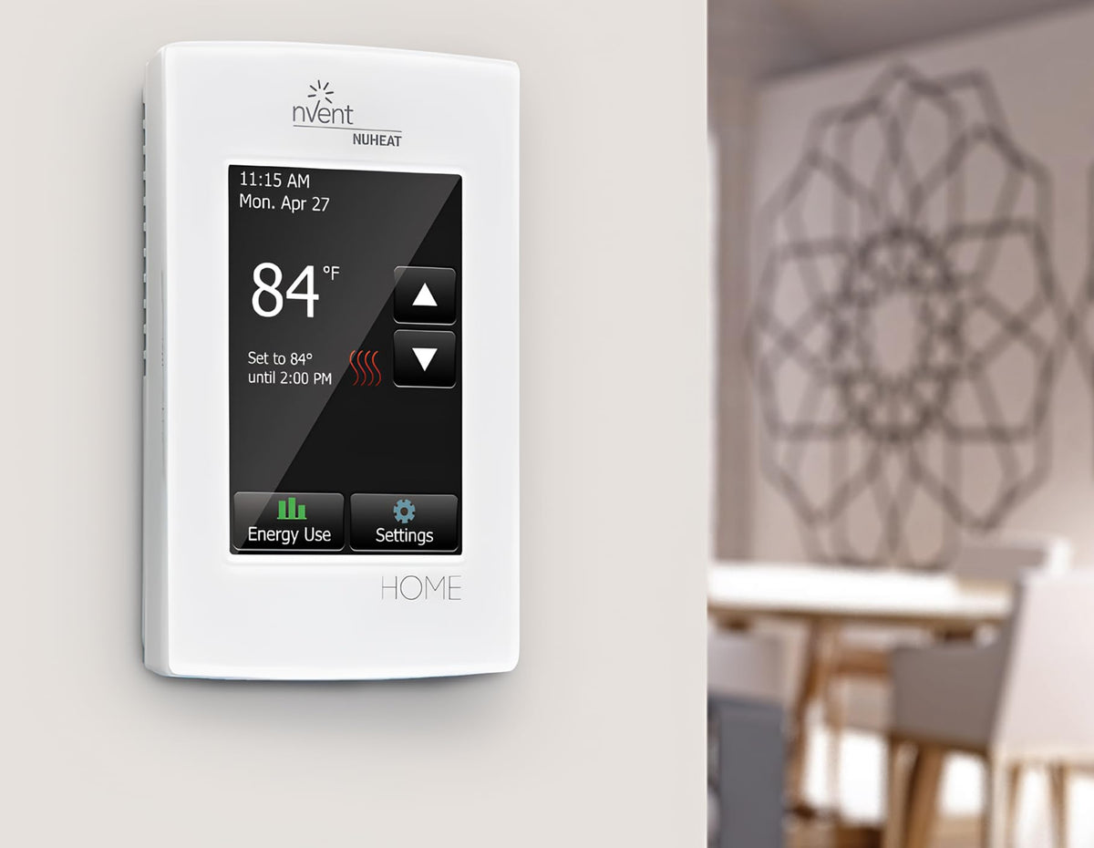 Nuheat Home thermostat displaying 7-day programming interface.