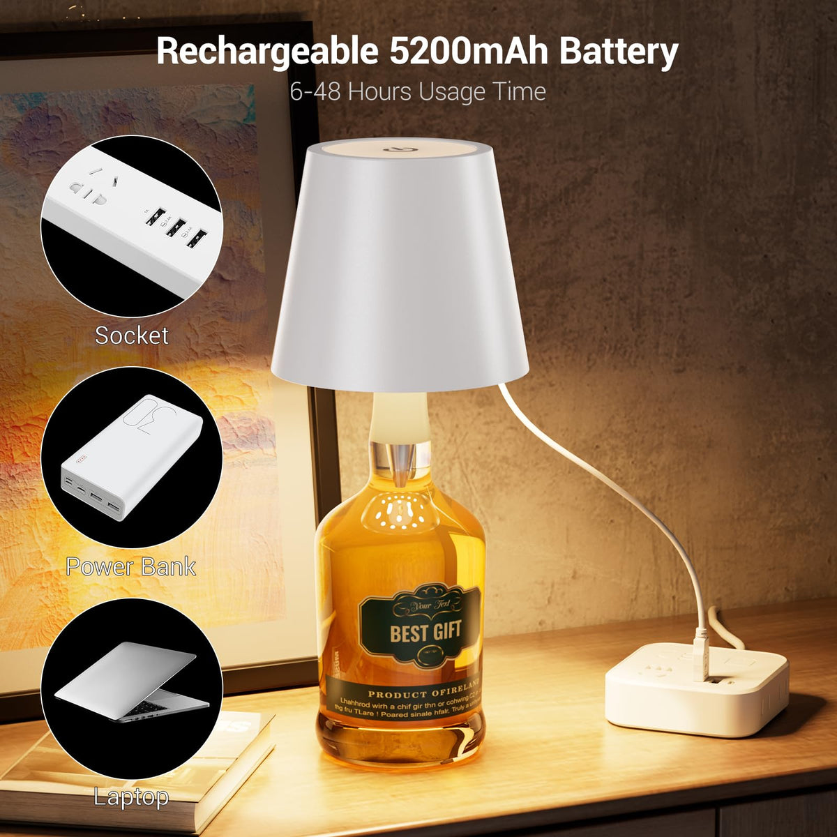 Nulmvic bottle lamp USB-C charging for cordless use