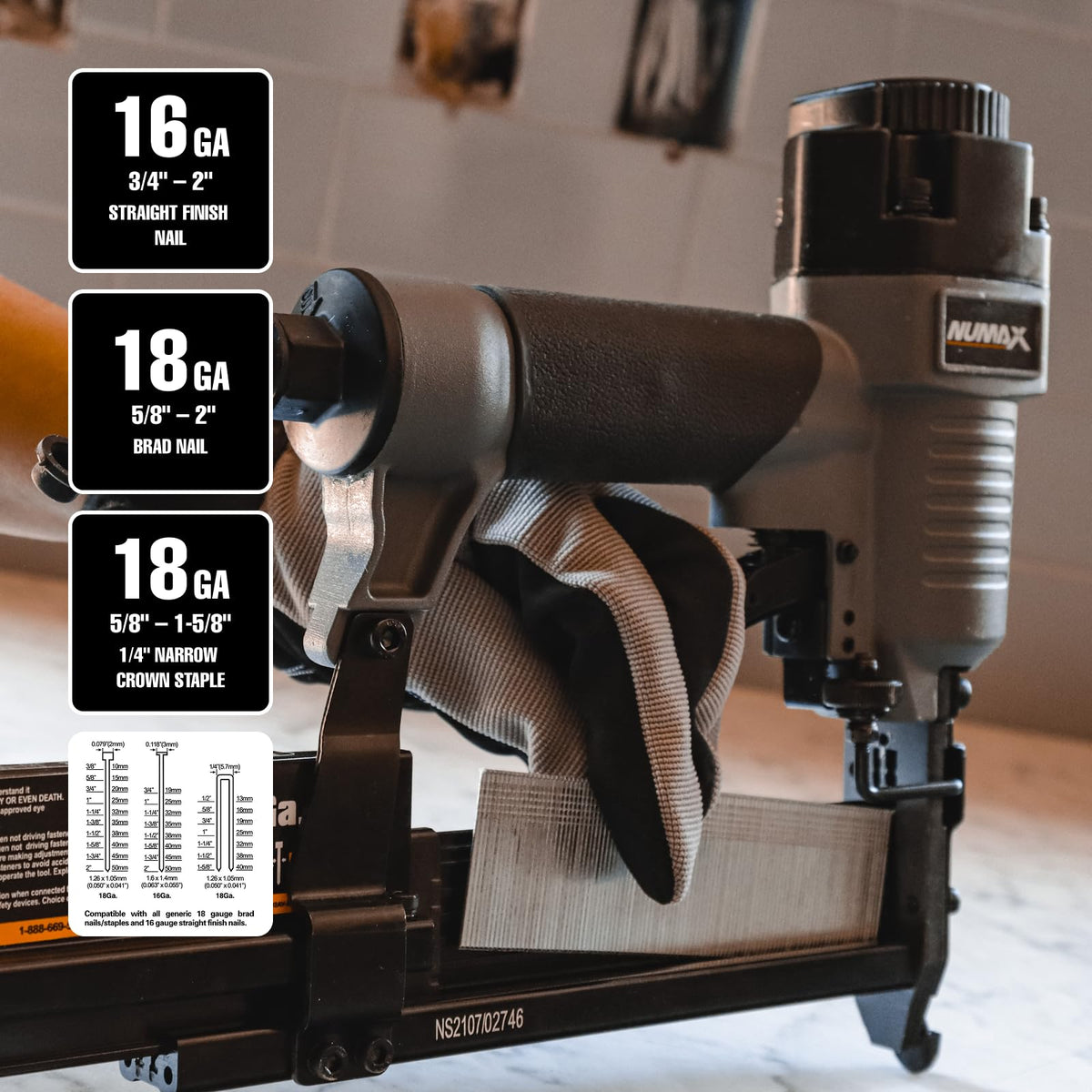 NuMax SL31 3-in-1 magazine demonstrating nail and staple versatility