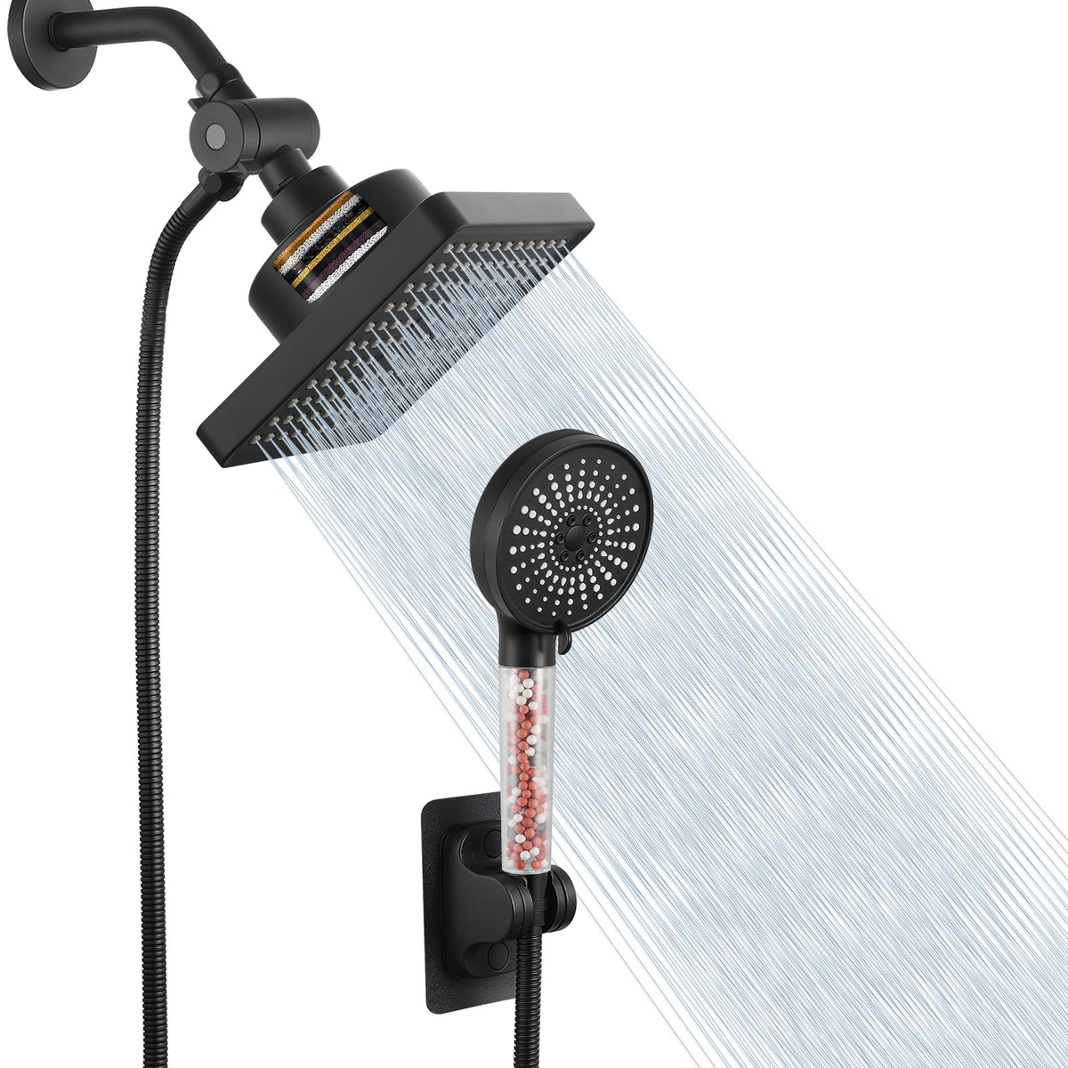 Nuodan filtered shower head handheld front view in matte black for spa-like showers