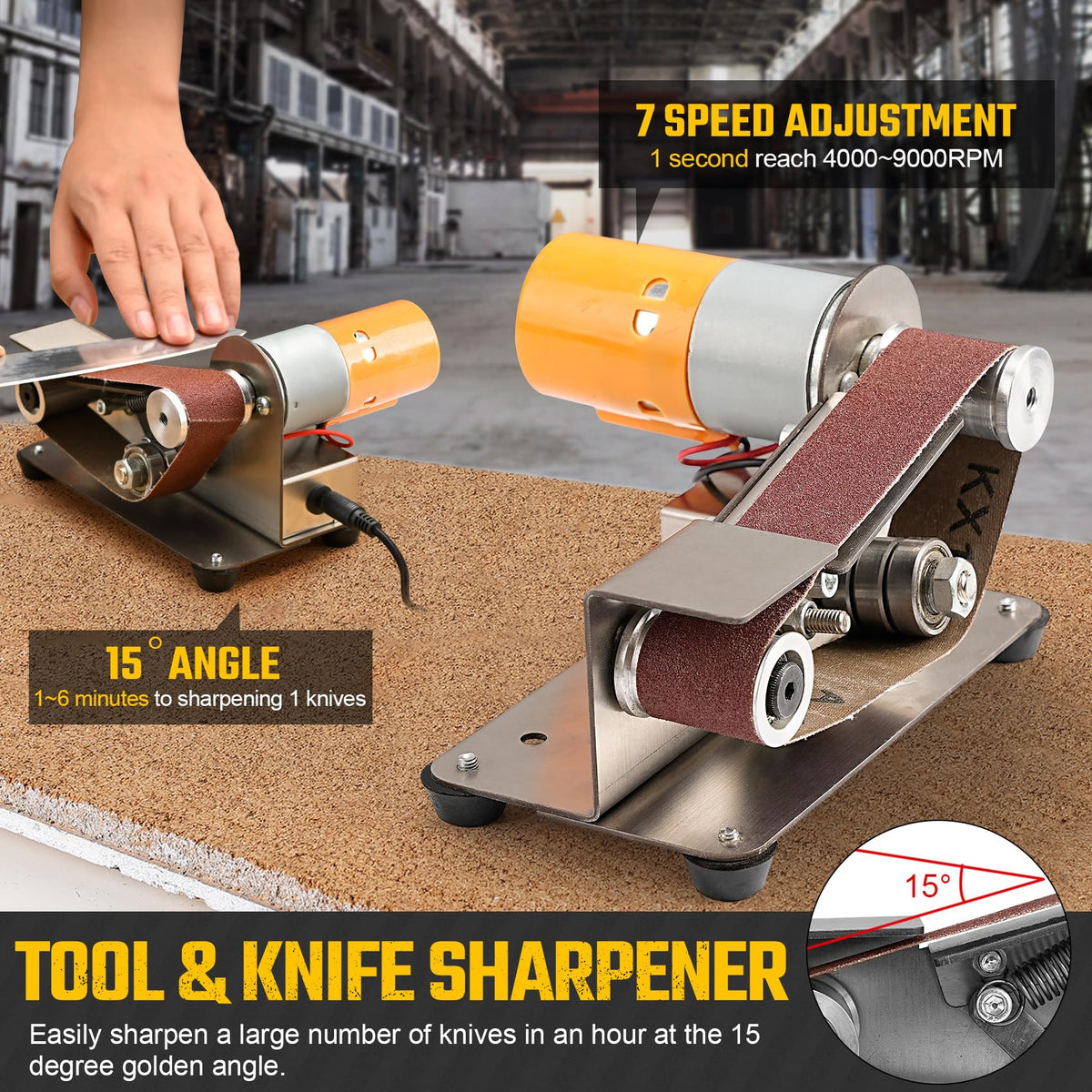 NuoDunco mini bench grinder with belts and wheels for versatile attachments