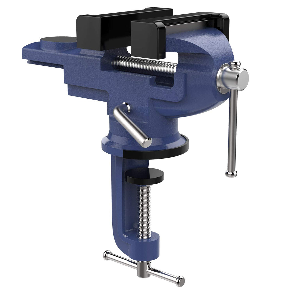 Nuovoware table vise with 360-degree swivel base for flexible clamping angles.