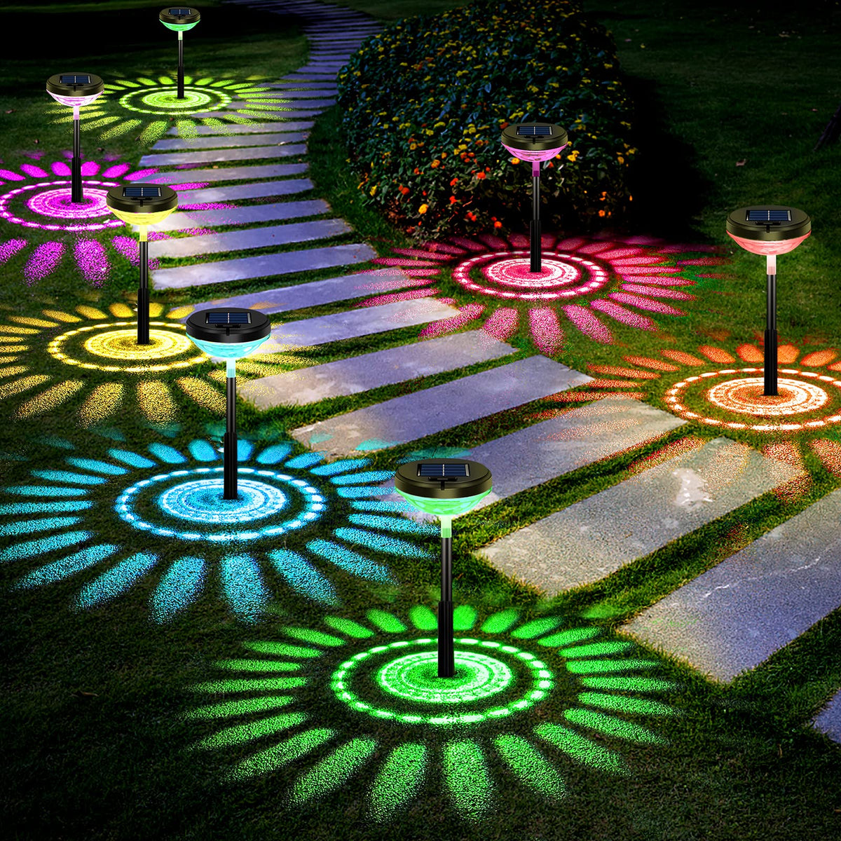 Nupostai solar pathway lights in multicolor brighten a garden path with vibrant evening ambience