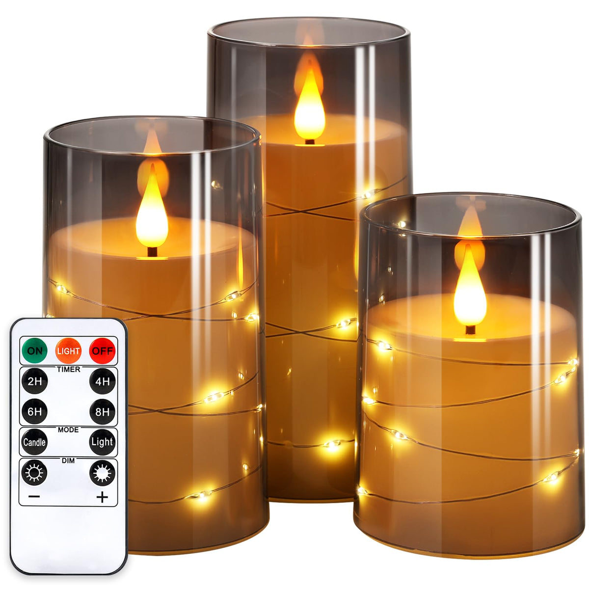 NURADA flickering flameless candle with star string lights creates warm, romantic ambience.