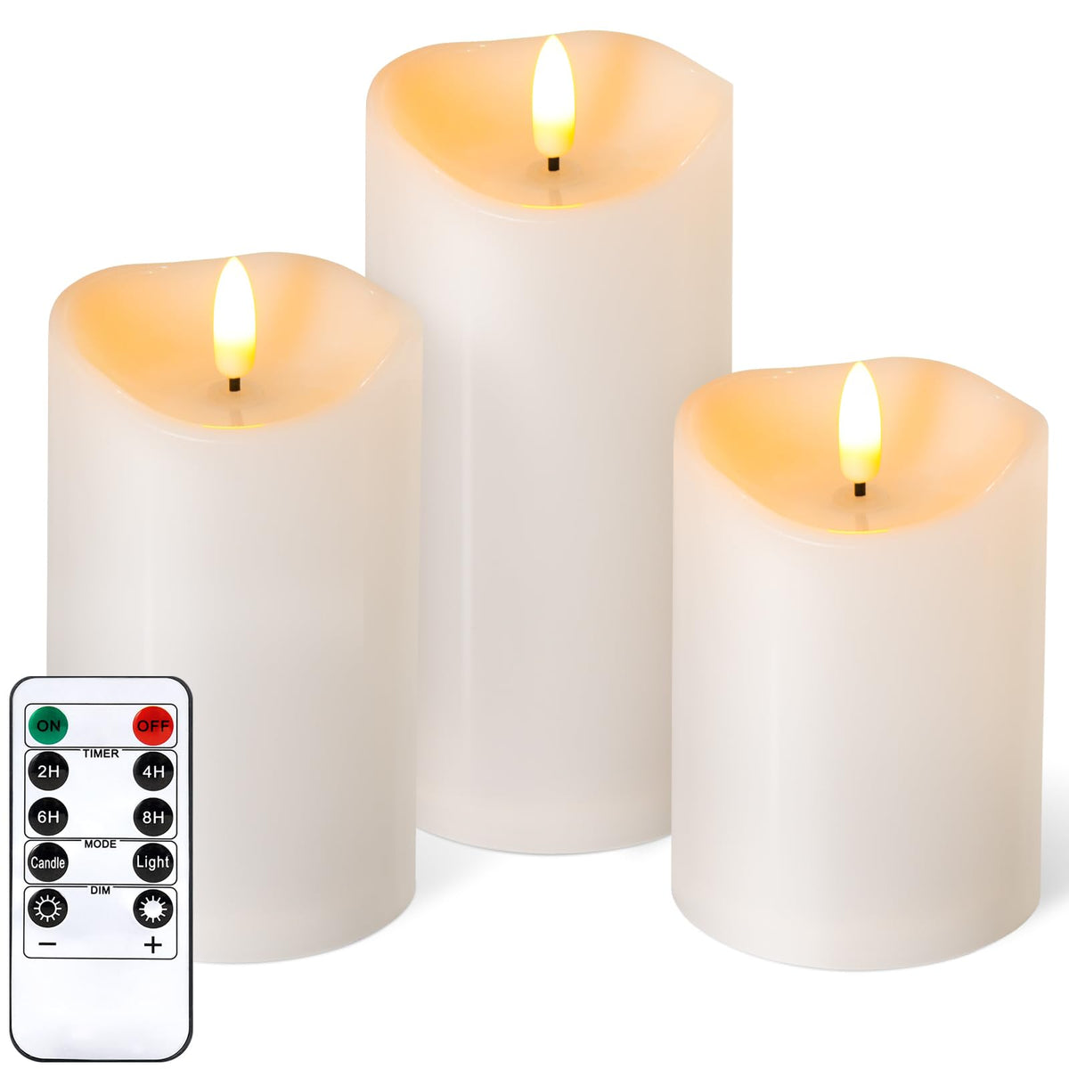 NURADA outdoor flameless candles front view in ivory create cozy porch ambiance.