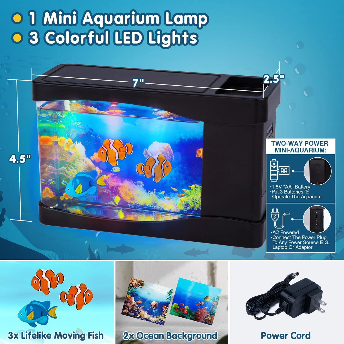 Nurily desk aquarium with LED seabed light adds color and mood to your workspace.