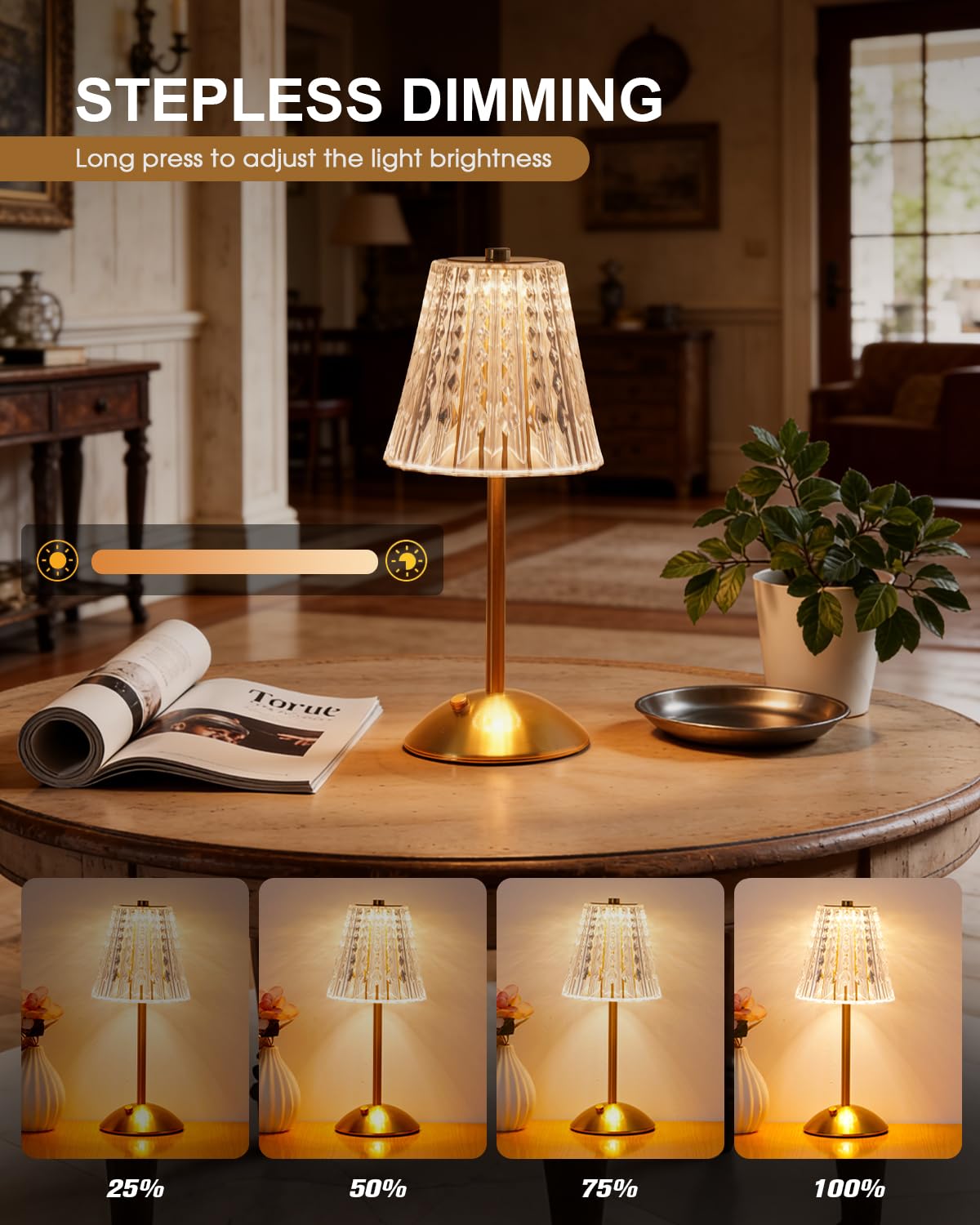 Nusogon compact lamp on a bedside table, ideal for small spaces.