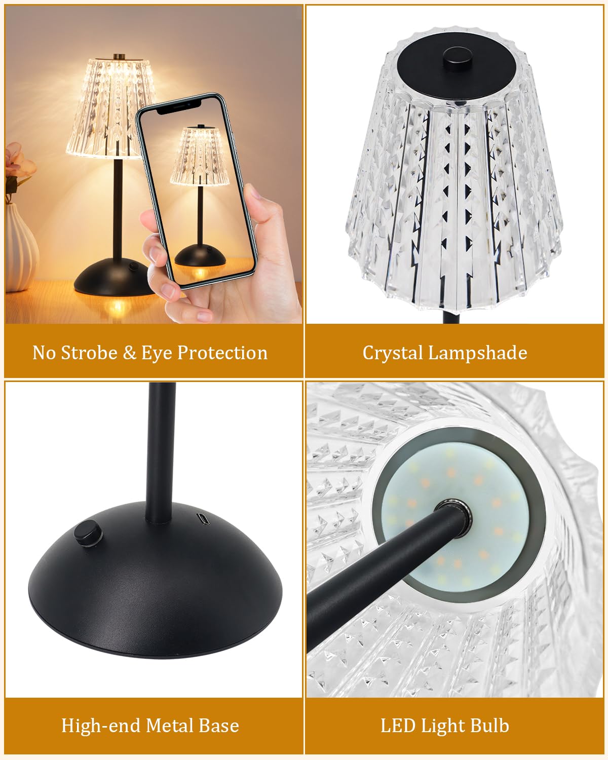 Elegant Nusogon crystal lamp with acrylic shade and metal base for warm atmosphere