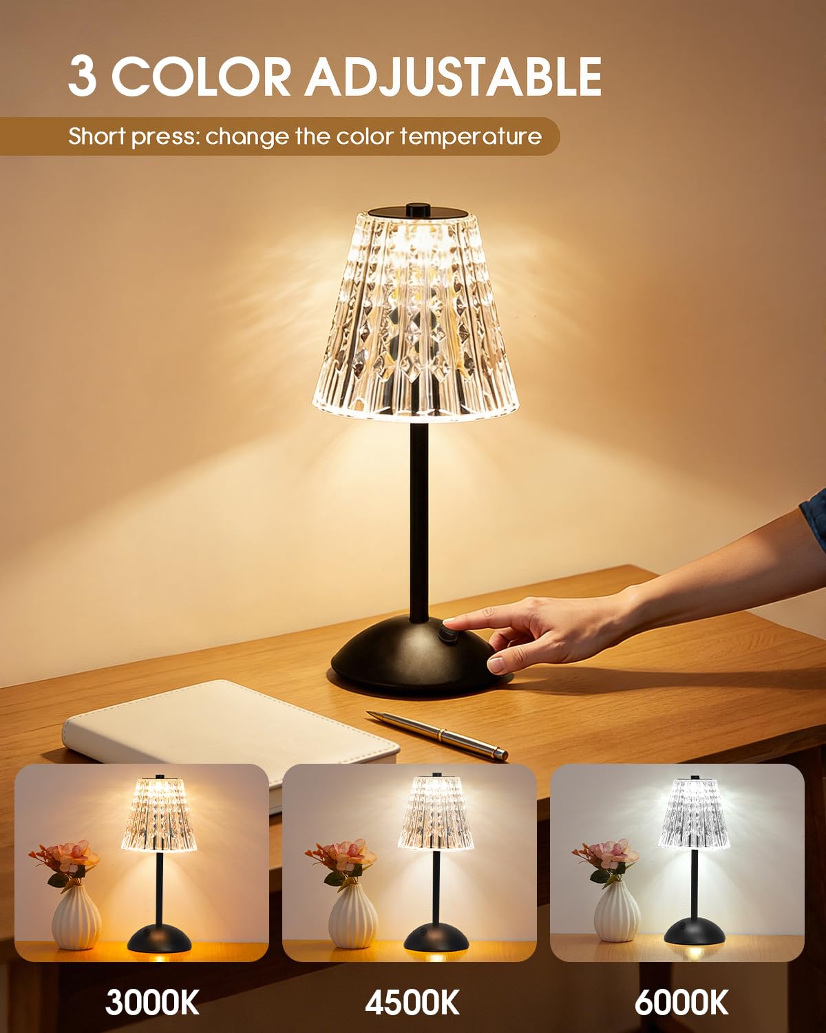 Compact Nusogon crystal lamp on a nightstand, 12 inches tall
