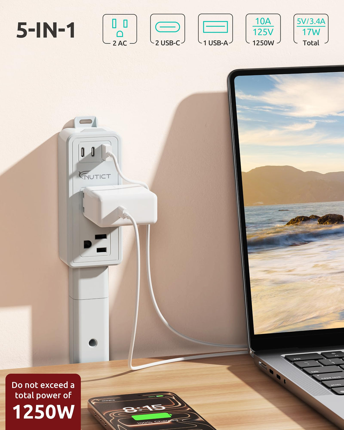 Nutict power hub with 2 AC outlets, 2 USB-C, and 1 USB-A