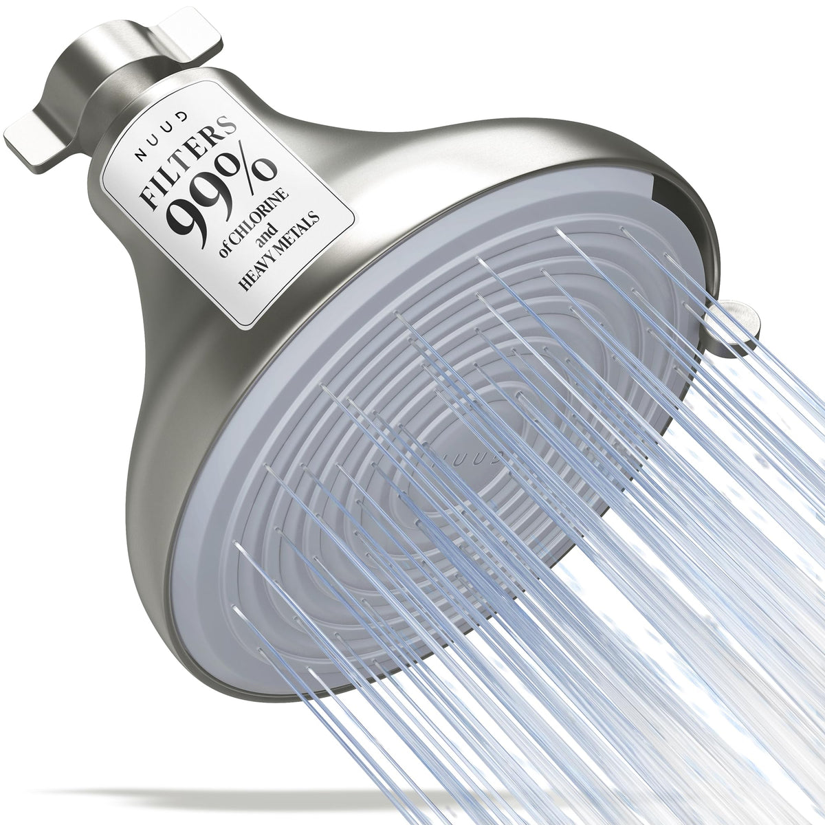 NUUD filtered shower head with brushed nickel finish delivers refreshing water.