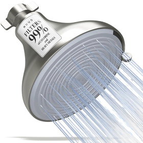 NUUD filtered shower head with brushed nickel finish delivers refreshing water.