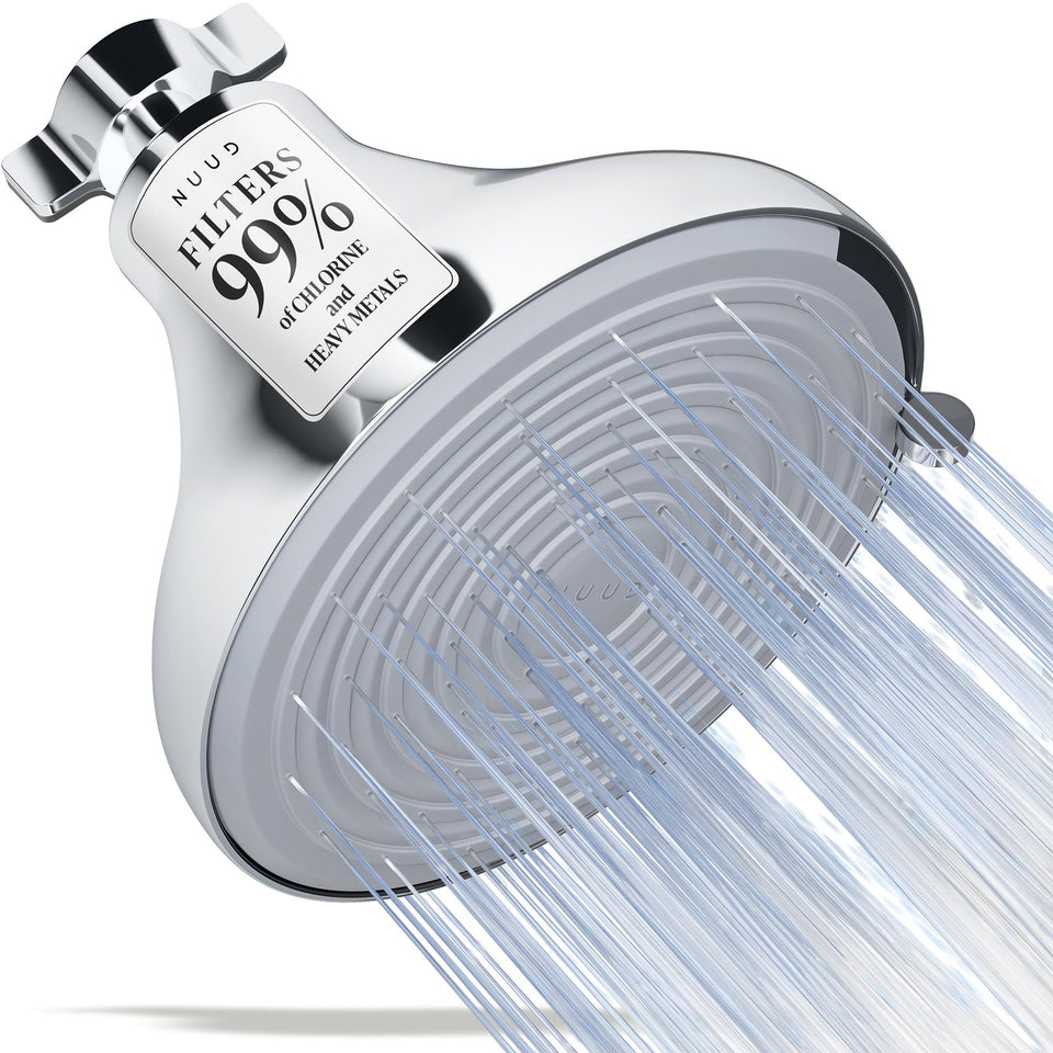 NUUD filtered shower head chrome with sleek finish; reduces chlorine exposure for healthier skin.